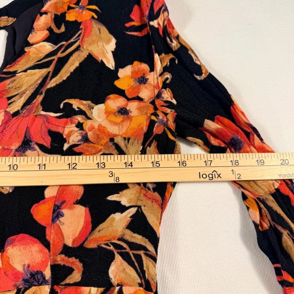 Free People Floral Mini Dress‎ 4 Black Orange Cutout Keyhole Bell Sleeve Boho
